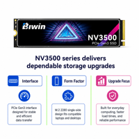 Disque SSD interne haute vitesse BIWIN NV3500 512 Go M.2 NVMe PCIe 3.0 2280 pour ordinateur de bureau, ordinateur portable, station de travail de jeu - En stock