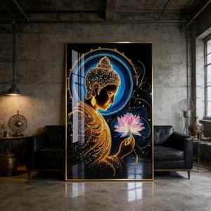 Venta Directa de Fábrica, Arte Mural LED Grande para Sala de Estar, Oficina, Hotel, Paisaje, Marco con Estatua de Buda Azul, Pintura de Porcelana de Cristal - Product Image 4