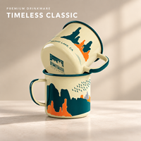 Mug Enamel Gunung yang Indah dengan Cawan Kopi Logam Berpinggiran Gulung Warna Navy untuk Hiking di Alam Liar, Perlengkapan Minum Api Unggun, Grosir