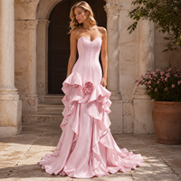 Robe de soirée sirène rose sans bretelles pour femme, avec corset cœur et volants floraux 3D, idéale pour invitées de mariage, galas et tenues de cérémonie - Vente en gros