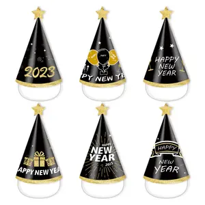 Yeni yıl 2023 siyah altın kağıt renkli 3D şapka çocuk yeni yıl partisi fotoğraf sahne toptan