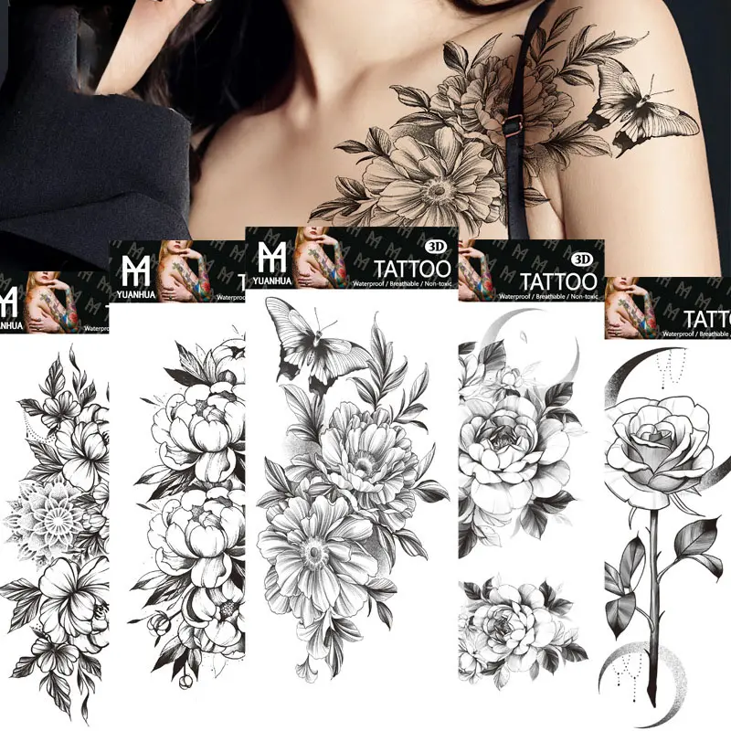 Temporary Tattoos For Women Girl Adult Realistic Rose Tattoo Sticker Geometry Waterproof Tattoo Covers