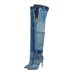 Handmade Denim Women's Sewing Patchwork Knee High Thin Heels Pockets Autumn Winter Mesh <b>Boots</b> Pointed Toe Shoes Stiletto Wide - Product Image 5