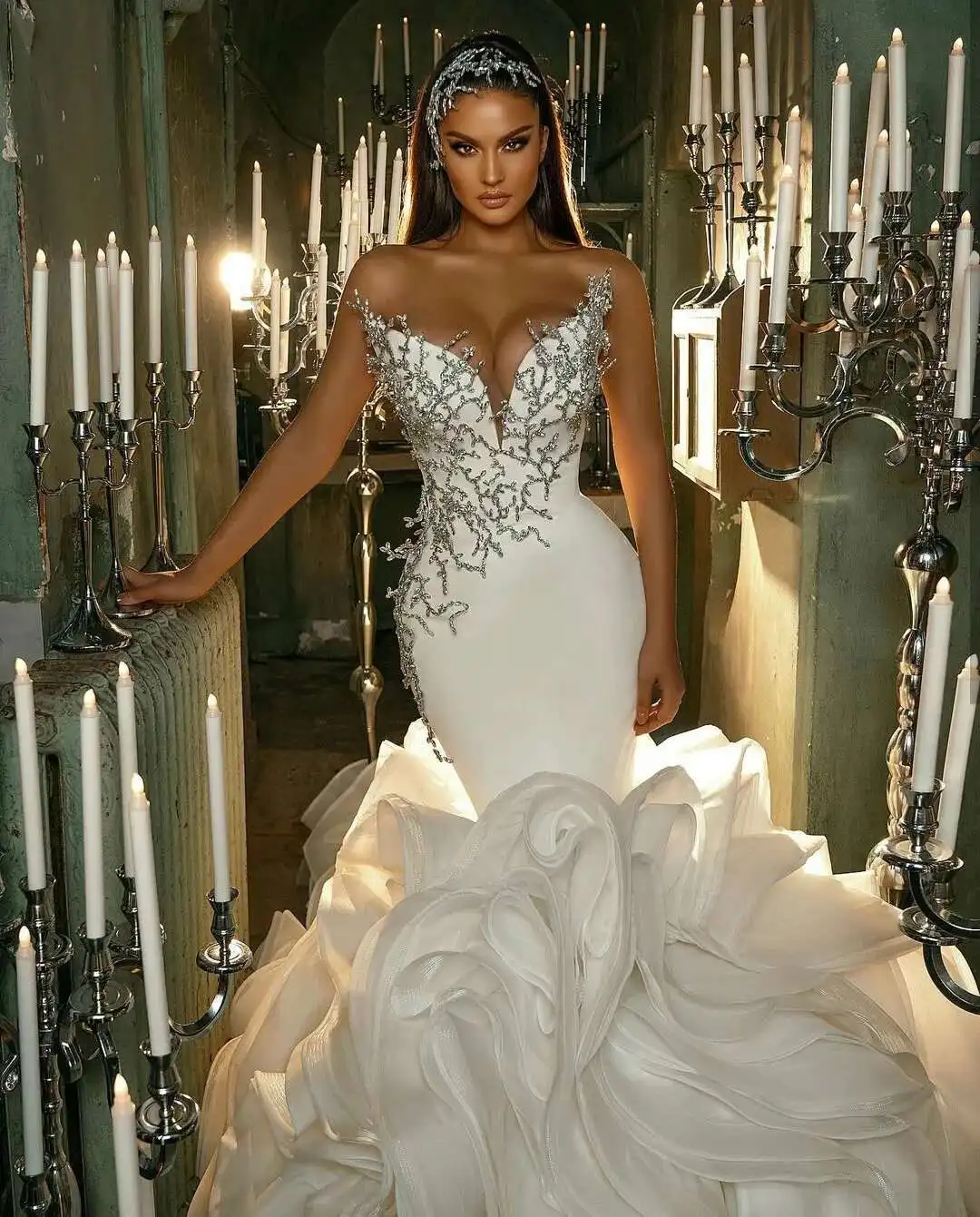 fancy mermaid wedding dresses Collins Mermaid Wedding Dress with Long Sleeve V-neck & Open Back