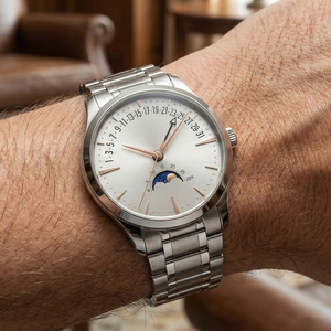 นาฬิกาข้อมือ OEM ระบบจักรกลอัตโนมัติ สแตนเลสสตีล ดีไซน์หรูหรา แสดงข้างขึ้นข้างแรม พร้อมฟังก์ชั่นวันที่ย้อนกลับ  รับผลิตตามแบบ พร้อมสลักโลโก้ - Product Image 3