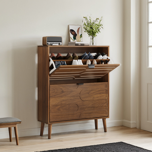 Modern Independent Shoe Cabinet 31.5 Inch Walnut <b>Storage</b> Cabinet with 2 Flip <b>Drawers</b> Fence Design - Product Image 1