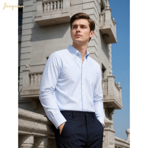 <span class=keywords><strong>Chemise</strong></span> habillée rayée 100 % coton pour <span class=keywords><strong>homme</strong></span>, manches longues, décontractée, boutonnée, pour le bureau, respirante, coupe ajustée - Product Image 1
