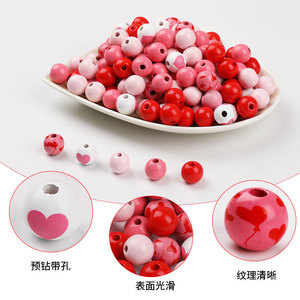 Wood <b>Beads</b> <b>Set</b> 160pcs Red Pink Heart Pattern For Bracelet Making Valentine's Day Jewelry Craft DIY With Hemp Rope - Product Image 3