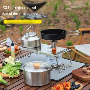 Ensemble de cuisine de camping en plein air portable en acier inoxydable 304 ustensiles de cuisine trois pièces poêle à frire et bouilloire antiadhésives pour les campeurs - Product Image 4