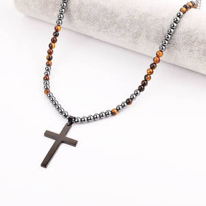 Di alta qualità onice opaco occhio di tigre pietra rosario <span class=keywords><strong>perline</strong></span> croce in acciaio inossidabile macramè regolabile in rilievo lungo gesù <span class=keywords><strong>collana</strong></span> <span class=keywords><strong>uomo</strong></span> - Product Image 2