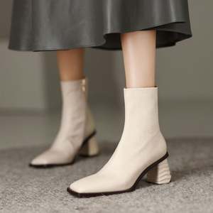 Botines de Mujer Cialisa, de Piel Auténtica Marrón y Blanca, con Cierre de Cremallera, Tacón Alto Cuadrado, Botines Cortos de Invierno 2022 - Product Image 2