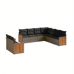 Ensemble de canapés de jardin gris en rotin et teck, 6 places, avec coussins, mobilier d'extérieur au design contemporain - Product Image 1