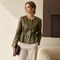 Veste en cuir d'agneau à col rond et boutons pression pour femme, manteau en cuir véritable à taille élastiquée