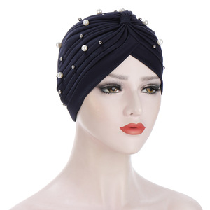 Turban Bonnet pour Femme à Perles et Plis, Couleur Unie, Chapeau Turban, Hijab Intérieur, Bonnet de Chimiothérapie, <span class=keywords><strong>Foulard</strong></span>, Bandanas Indiens - Product Image 1