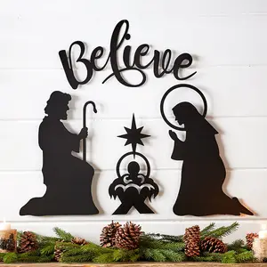 Dekorasi Natal plakat dinding tanda logam seni lambang percaya Kristen untuk adegan Kelahiran Yesus plak dinding logam