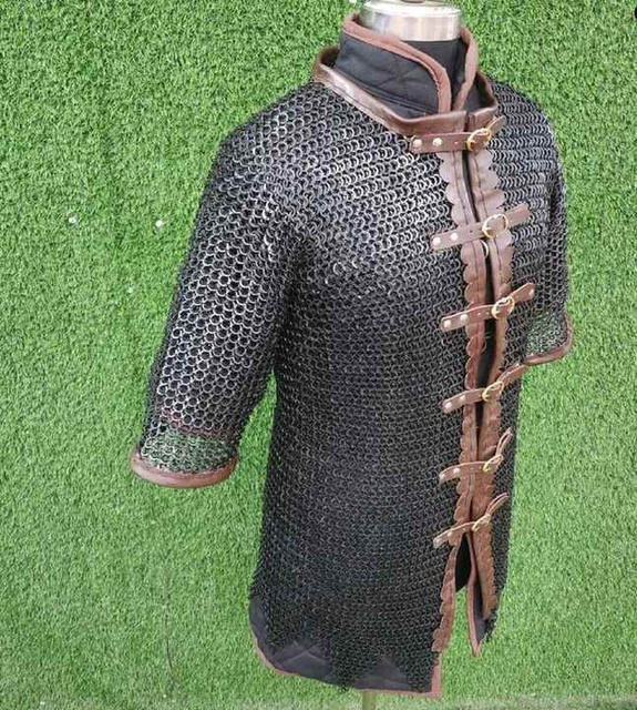 Medieval Chainmail Shirt With Leather Trim Mild Steel 09mm Flat Riveted Ring with Washer Hauberk Armor for Reenactment Wear