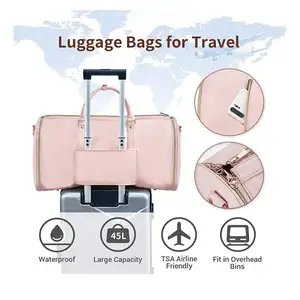 Foldable Women Girl Trip Business Waterproof Stylish Garment Duffle Bag 2 In 1 Fashion Pink Pu Leather Suit Bag Travel Bag