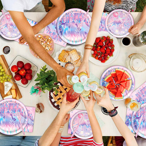 Juego de Platos y Servilletas <span class=keywords><strong>para</strong></span> Fiesta de Cazadores de Demonios, Platos y Servilletas Rosas y Morados con Notas Musicales <span class=keywords><strong>para</strong></span> Cumpleaños de Niña Mágica - Product Image 6