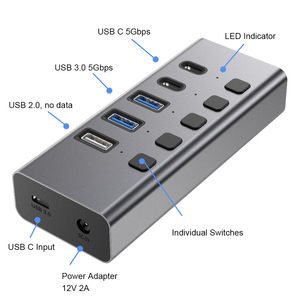 5 USB 3.0 hợp kim nhôm Hub dữ liệu nhanh chóng loại C cá nhân Thiết bị chuyển mạch và 12V 2A Power Adapter USB Splitter cho máy tính xách tay hoặc PC - Product Image 2