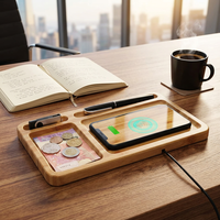 Plateau de rangement de bureau en bois laqué avec chargeur sans fil