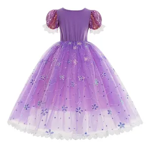 Costume da Principessa <span class=keywords><strong>Rapunzel</strong></span> per Bambine, Vestito Rosa con Paillettes e Fiori in Tulle, per Halloween, Cosplay TV e Film, in Poliestere - Product Image 2