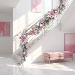 Guirlande de Noël artificielle <span class=keywords><strong>à</strong></span> fleurs roses, guirlande de pin floquée avec des décorations pour <span class=keywords><strong>la</strong></span> décoration de <span class=keywords><strong>la</strong></span> porte d'entrée de mariage - Product Image 5