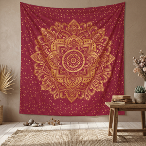 Tapiz Mandala Rojo Dorado, Tapiz Bohemio Geométrico para Colgar en la Pared, Decoración Étnica Hippie de Poliéster - Product Image 1