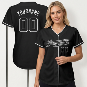 Maillot de baseball noir personnalisé pour femme, col en V, manches courtes, anti-humidité, impression du nom de l'équipe, fermeture boutonnée - Product Image 1