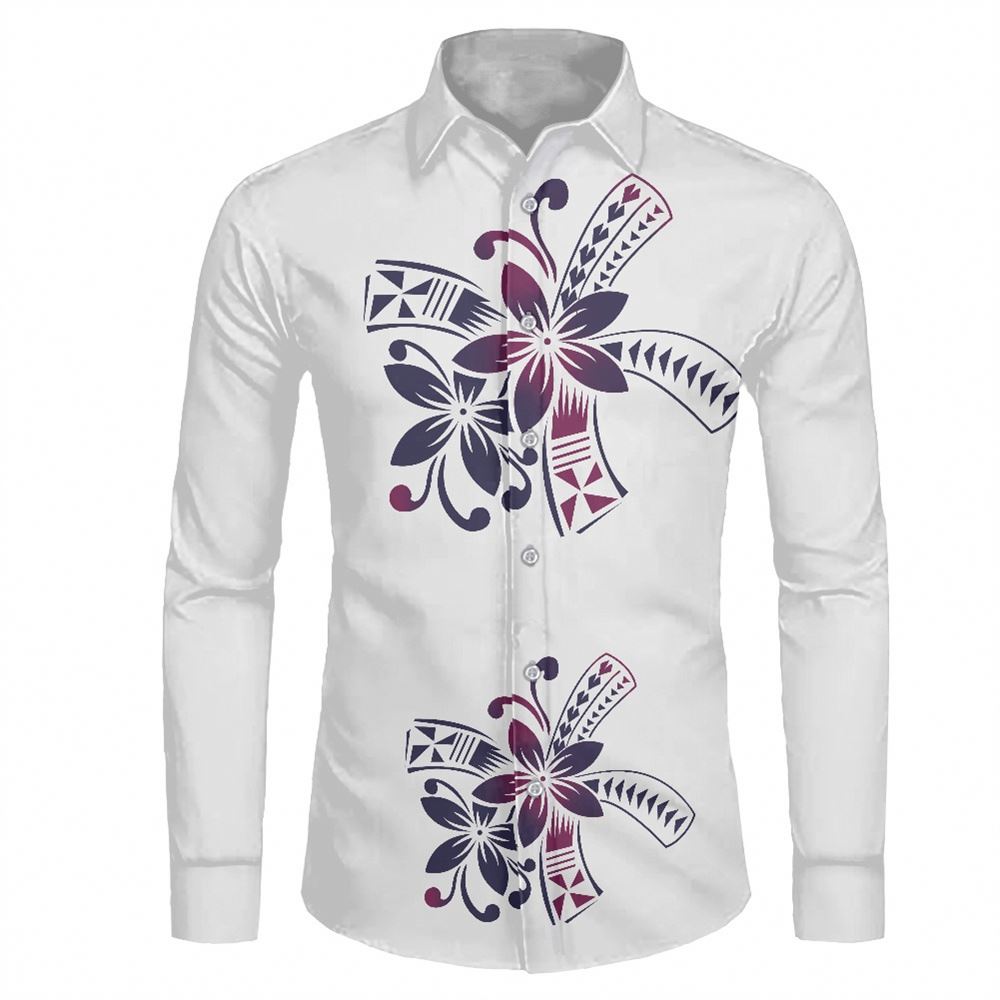 Men's Polynesian Tribal White Samoa Tapa Floral Print Shirt