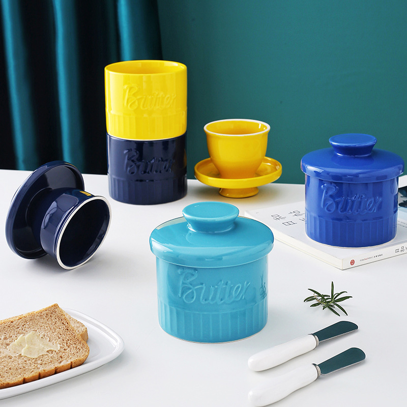 Beurrier Rond En Céramique Blanc Bleu – Beurrier à Eau Français Pour Beurre Toujours Frais Et Tartinable Sans Réfrigérateur
