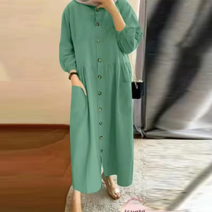 Vestido casual retro para mujer musulmana Spot 2025 con bolsillo de parche, cuello redondo, manga abullonada y falda suelta para el sol - Product Image 2