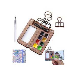LISI Set de voyage en bois pour artistes étudiants Pocket Watercolor Grid Palette Box Sketch Book Brush Pens Binder Clips for Painters - Product Image 1