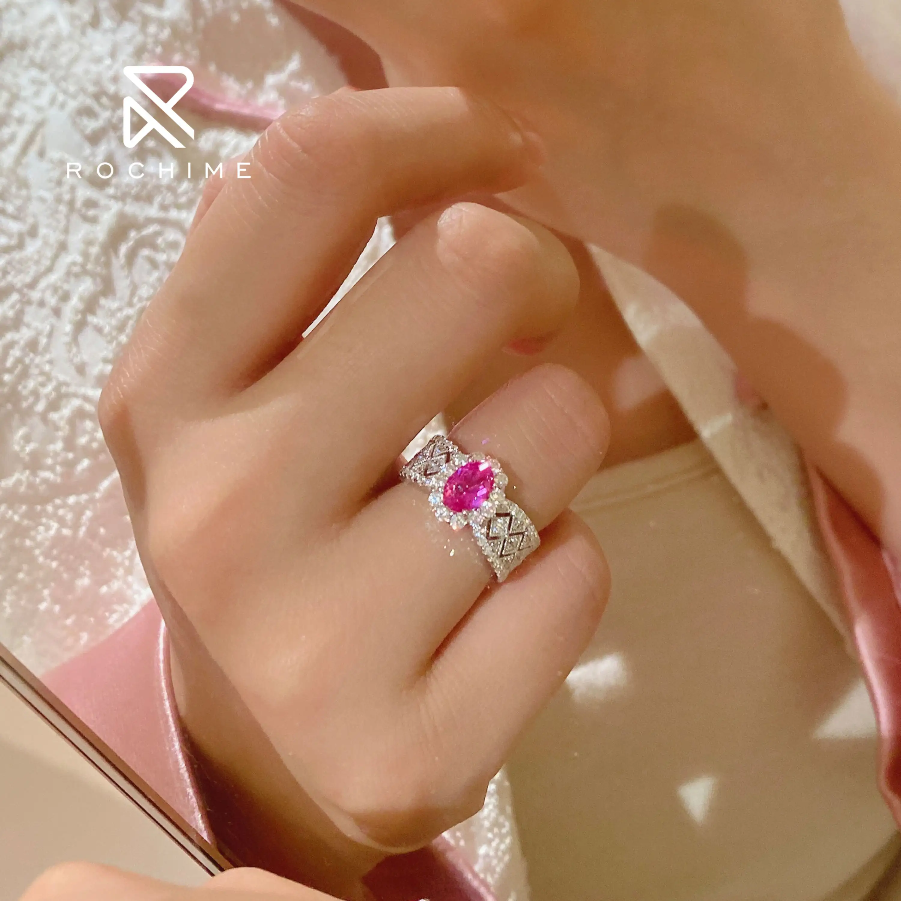 Rochime thiết kế sang trọng ren Shaped màu hồng kim Cương Zircon Nhẫn 925 Bạc oavl cắt đồ trang sức vòng