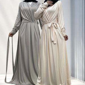 Robe de soirée unie pour femme avec col en V, manches fines, longueur ras du sol, pour femme musulmane, idéale pour les vacances, 8 couleurs, 6421 # - Product Image 1