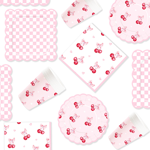 ชุดตกแต่งธีมงานวันเกิด DAMAI ขายส่งจำนวนมาก ชุดจานกระดาษลายตารางสีชมพู ใบเชอร์รี่ ผ้าปูโต๊ะ อุปกรณ์จัดเลี้ยงแบบใช้แล้วทิ้ง - Product Image 4