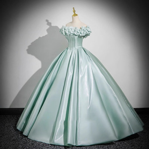 Off-the-Shoulder Satin Ball Gown Light Green Empire Waist Ruffles For Evening Events Adult Ceremonies Hosting Performances - Product Image 3