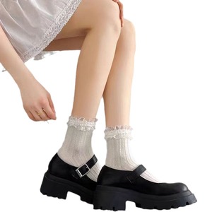 Chaussettes en dentelle blanches crémeuses pour femmes, absorbant la sueur, mi-mollet, élégantes, style Lolita, en coton - Product Image 4