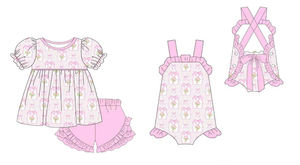 Conjunto de 2 Piezas de Ropa para Niñas, Pantalones Cortos Informales con Estampado de Flores y Lazos, de Algodón y Elastano Transpirable, y Mameluco Tipo Burbuja para Bebés - Product Image 3