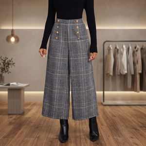 Pantalon élégant décontracté pour femme, taille haute, coupe droite, en polyester uni, avec boutons dorés, longueur complète, coupe ample, style printemps - Product Image 3