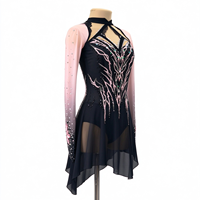 Robe de patinage et de danse pour enfants et adultes, noire et rose, à col licou, découpes, manches longues en maille, dos orné de strass, pour compétition et spectacle de patinage artistique