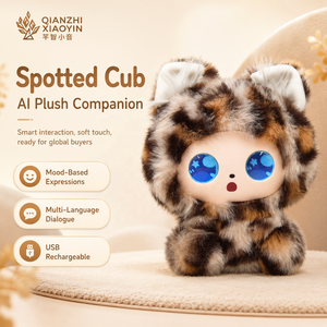 AI Kawaii - Mini Peluche de Gatito con Puntos, Estampado de Leopardo Negro, Orejas de Gato, Ojos LED con Expresiones, ChatGPT, Clonación de Voz en Más de 50 Idiomas, Memoria, 2.4G - Product Image 1