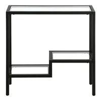 Table d'appoint moderne en verre avec étagère de rangement asymétrique, table d'appoint étroite à structure en métal noir pour canapé, salon, entrée, décoration
