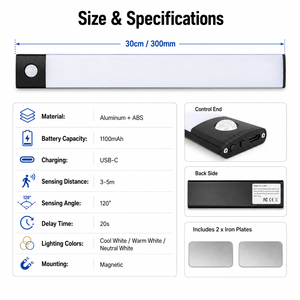 30CM Rechargeable Motion Sensor Cabinet <b>Light</b>, 3 Color Stepless <b>Dimmable</b> Type-C Magnetic <b>LED</b> <b>Light</b> for Kitchen Wardrobe Closet - Product Image 3