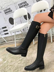 Nouvelles Bottes Longues en Cuir pour Femmes 2025 – Modèle Designer à Bout Rond, Talon Carré Plat, Fermeture Éclair Latérale, Bottes au-dessus du Genou Tendance pour Dames - Product Image 2
