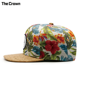 Gorra de 6 Paneles con Visera Plana de Corcho, Logotipo Personalizado, Venta al Por Mayor, Estampado Floral Hawaiano, con Parche Tejido, Cierre a Presión, Fabricante - Product Image 1
