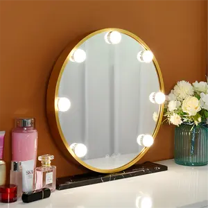 Miroir magique usb portable, outils de maquillage, miroir de vanité avec lumières avec Base en marbre rond de 400mm couleur dorée pour Hollywood