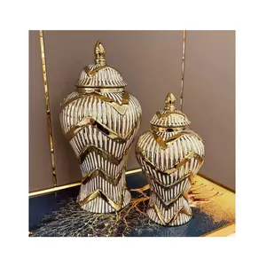 Factory Directly Sale Gold And White Striped Ginger Jars Luxury Ceramic Set Gold Ginger Vase Extra Large For Home Decor