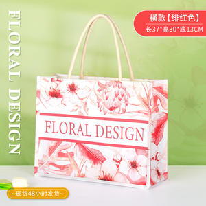 กระเป๋าผ้าแคนวาสพับได้แบบใช้ซ้ำได้ พิมพ์โลโก้แบรนด์ของตัวเองได้ ลายดอกไม้สีแดงสดใส สำหรับของชำร่วยงานแต่งงาน งานเทศกาล งานเฉลิมฉลอง - Product Image 2