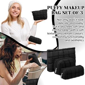 3 PCS Cute Checkered Travel Puffer <b>Makeup</b> Organizer Puffy <b>Makeup</b> Bag Quilted Cosmetic Pouch - Product Image 5