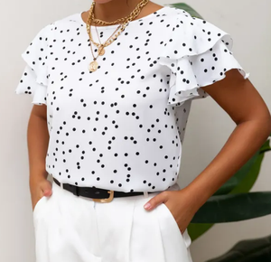 <span class=keywords><strong>Camisa</strong></span> de manga corta con estampado de <span class=keywords><strong>lunares</strong></span> para <span class=keywords><strong>mujer</strong></span>, cuello redondo, estilo princesa europea y americana, nueva colección de verano 2025, talla grande - Product Image 2